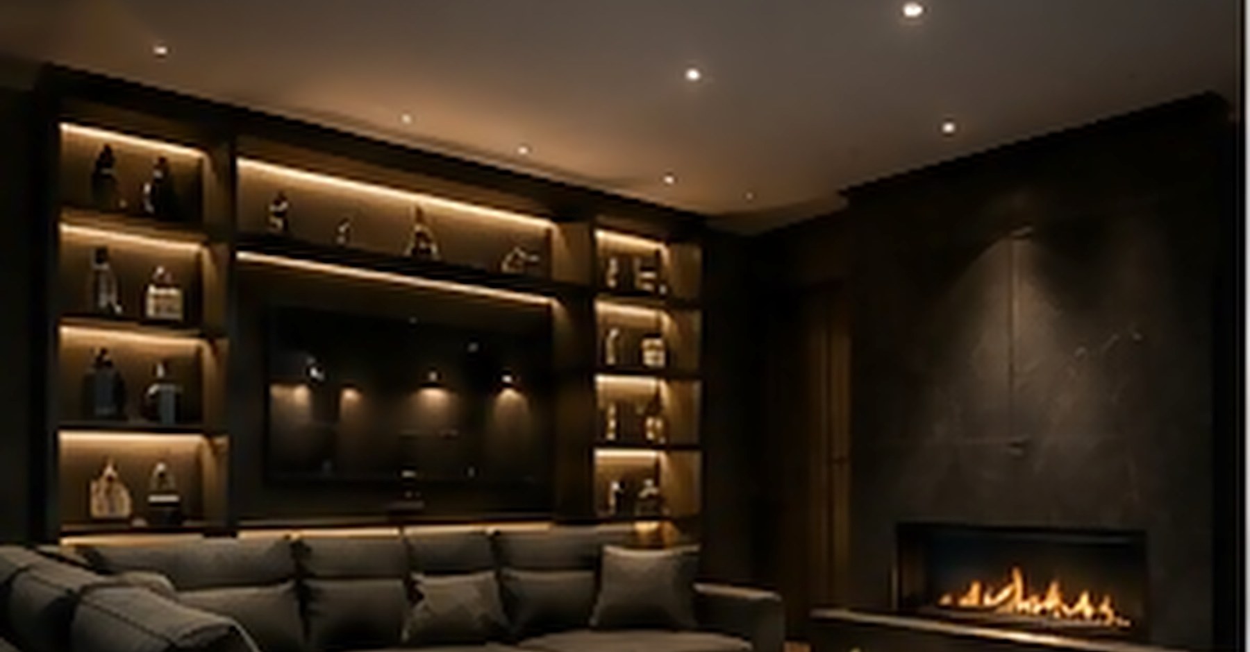 Luxury leisure lounge with linear fireplace and display joinery